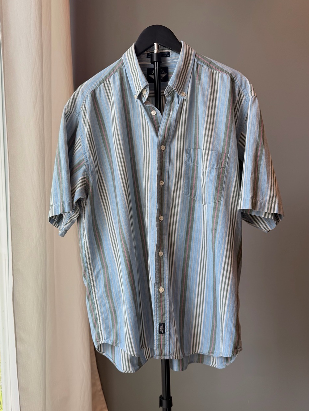 Dockers Cotton Striped Button-Up Shirt Men L Short Sleeve Pocket Coastal Summer